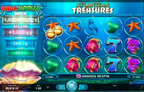 เข้ามาค้นหาวิธีที่เพิ่มอัตราชนะของคุณเป็นสองเท่าในเกม Atlantean Treasures :  Mega Moolah Slot